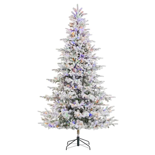 Glitzhome® 9ft Pre-Lit Flocked Full Fir Artificial Christmas Tree, Warm White & Multicolor LED Lights